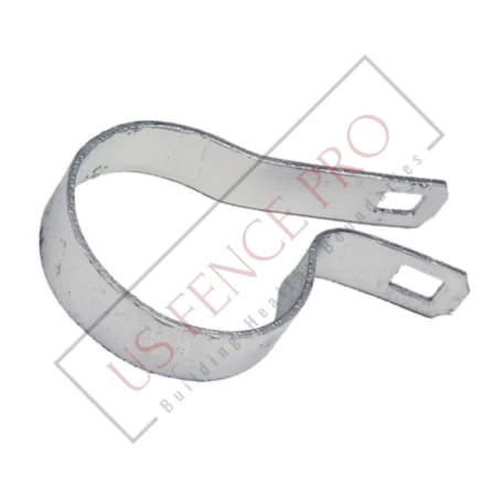 Galvanized steel chain-link fence tension band resting on a plain surface, showing its curved shape and smooth metallic finish, designed for securing fence fabric to posts in outdoor environments, conveying durability and reliability